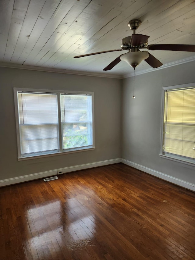 unfurnished room featuring wooden ceiling, ornamental molding, dark hardwood / wood-style flooring, and ceiling fan