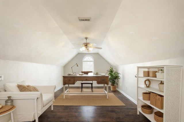 office featuring lofted ceiling, ceiling fan, and dark wood-type flooring