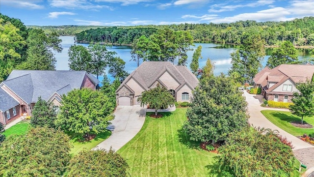 bird's eye view with a water view