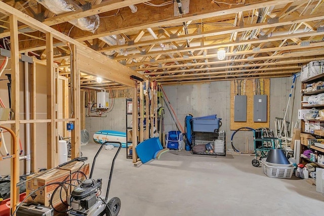 unfinished basement with electric panel and water heater