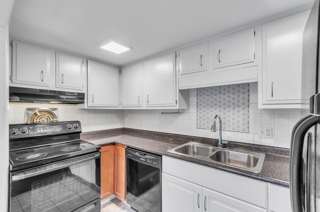 kitchen featuring white cabinets, backsplash, sink, and black appliances