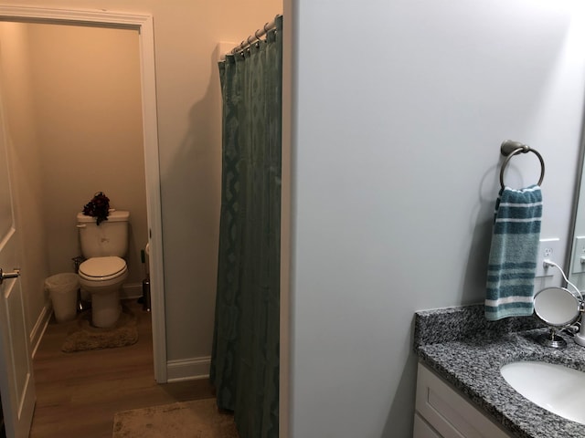 bathroom with vanity, toilet, and hardwood / wood-style flooring