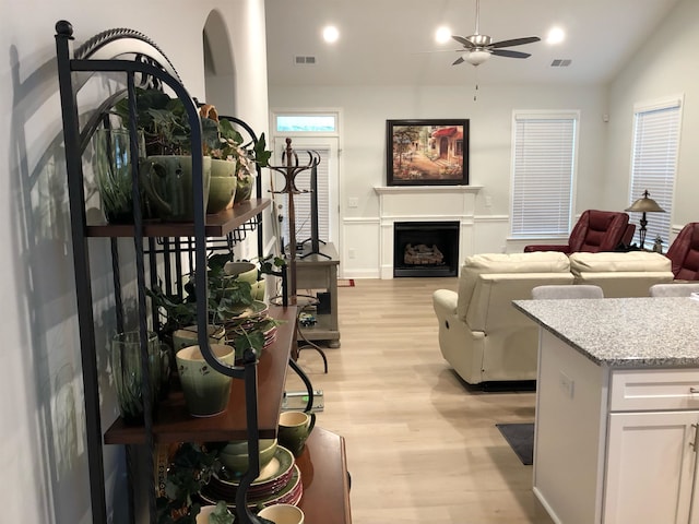 living room featuring ceiling fan, light wood-type flooring, and vaulted ceiling