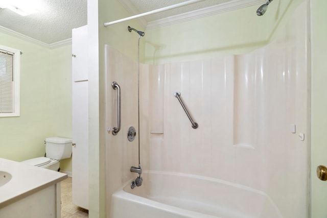 full bathroom featuring vanity, a textured ceiling, shower / bathtub combination, ornamental molding, and toilet