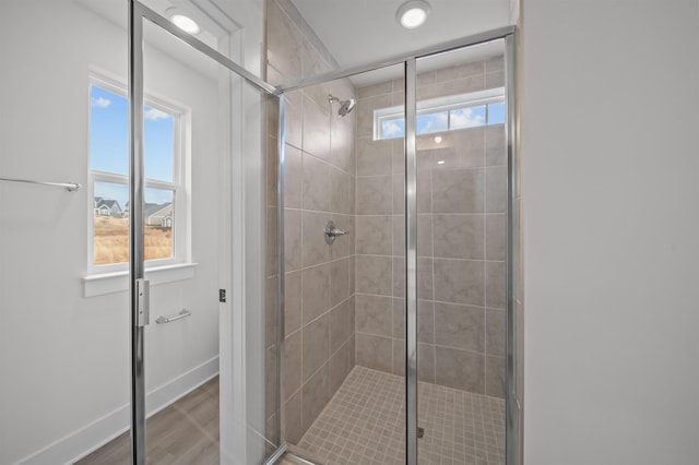 bathroom featuring a shower with shower door and a wealth of natural light