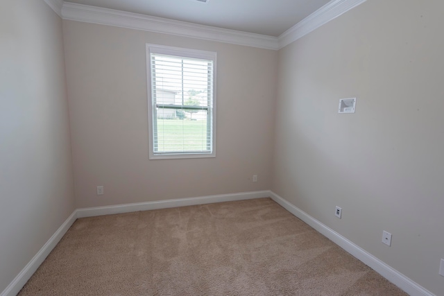 carpeted spare room featuring crown molding