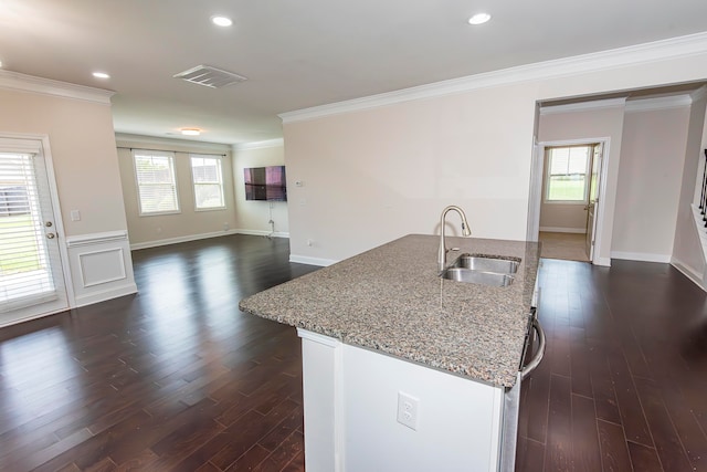 kitchen featuring dark hardwood / wood-style floors, a center island with sink, sink, crown molding, and light stone counters