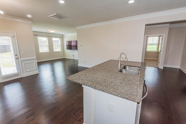 kitchen with a wealth of natural light, a kitchen island with sink, and sink