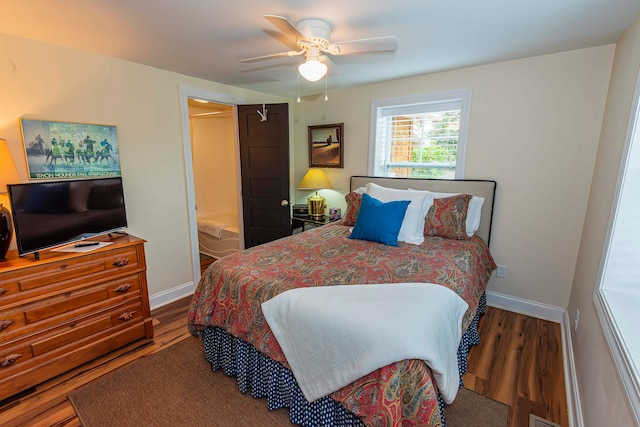 bedroom featuring ceiling fan and hardwood / wood-style flooring