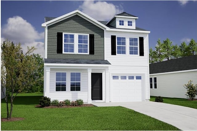 view of front of house with concrete driveway, a front lawn, and a garage