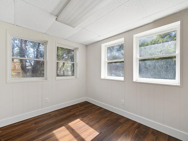 spare room with a drop ceiling, plenty of natural light, and dark hardwood / wood-style flooring