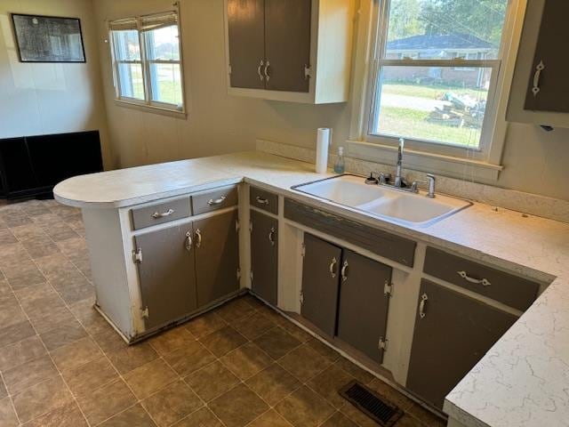 kitchen with gray cabinetry, sink, kitchen peninsula, and a healthy amount of sunlight