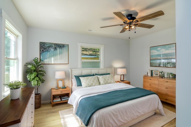 bedroom with ceiling fan and light wood-type flooring