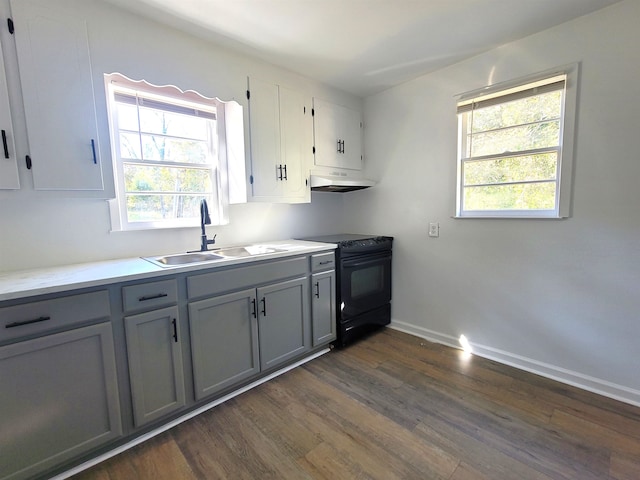 kitchen featuring black / electric stove, plenty of natural light, dark wood-type flooring, and sink