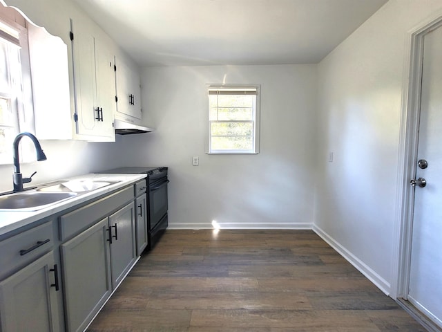 kitchen featuring gray cabinets, dark wood-type flooring, sink, and black electric range