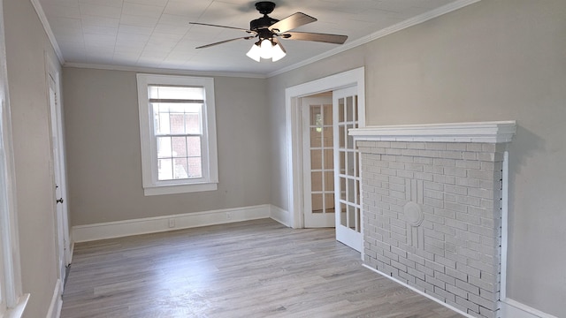 unfurnished living room with ceiling fan, light hardwood / wood-style flooring, and crown molding