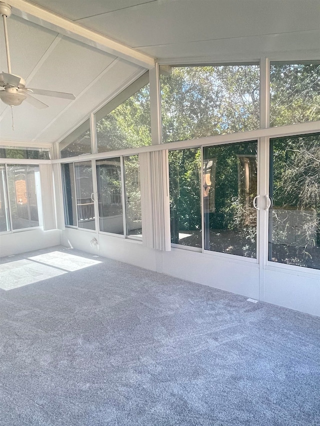 unfurnished sunroom featuring a healthy amount of sunlight, lofted ceiling with beams, and ceiling fan