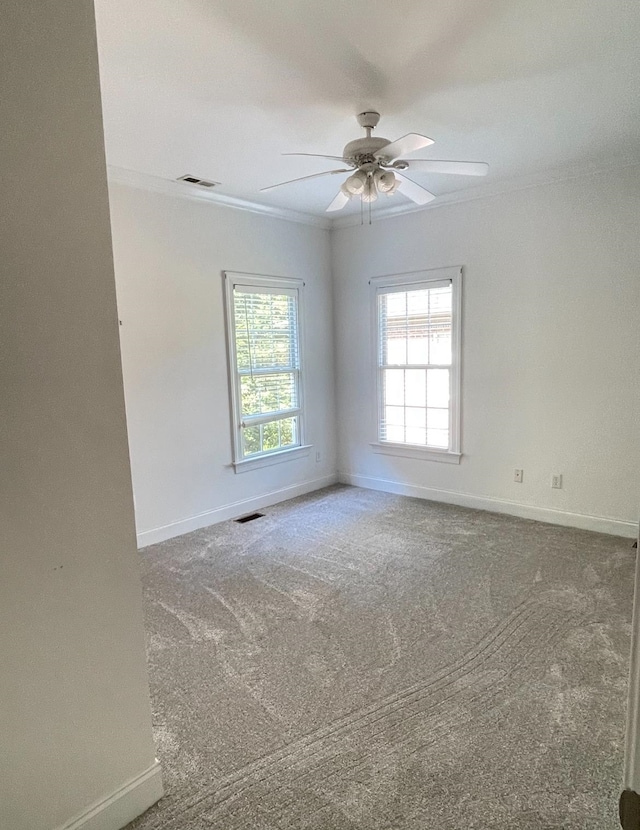 carpeted spare room featuring ceiling fan and crown molding