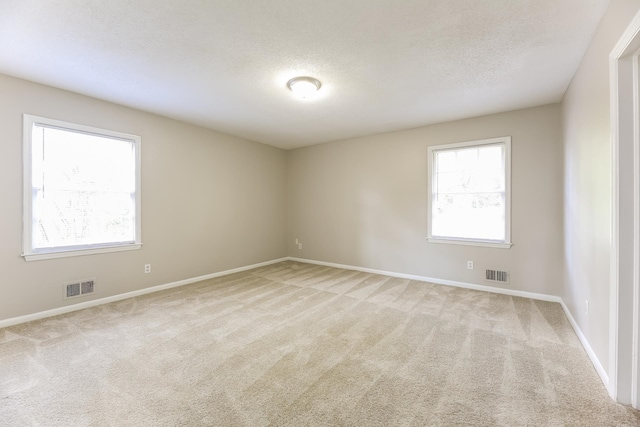 unfurnished room featuring a textured ceiling and light colored carpet