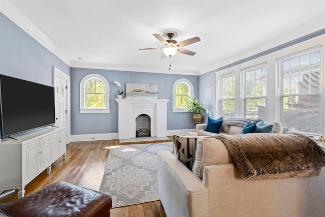 living room with a fireplace, ornamental molding, light wood-type flooring, and ceiling fan