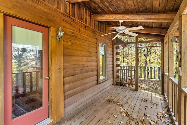 unfurnished sunroom featuring plenty of natural light, lofted ceiling with beams, wood ceiling, and ceiling fan