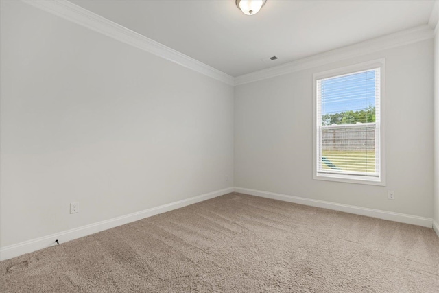 empty room with ornamental molding and carpet