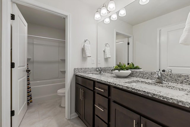 full bathroom featuring vanity, shower / tub combo with curtain, toilet, and tile patterned flooring