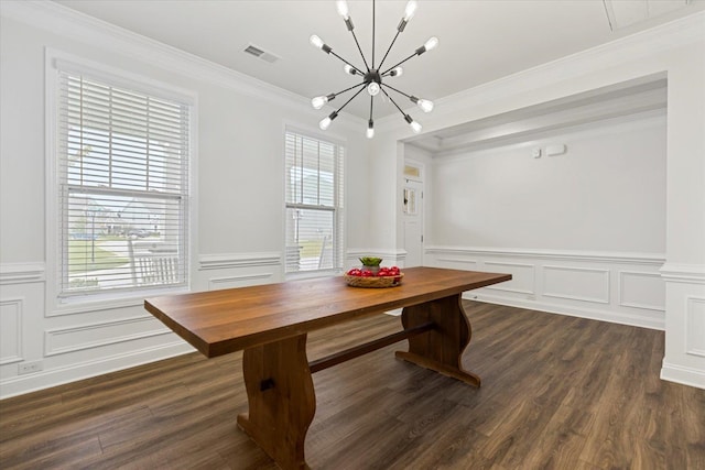 dining area with ornamental molding, a healthy amount of sunlight, and dark hardwood / wood-style flooring