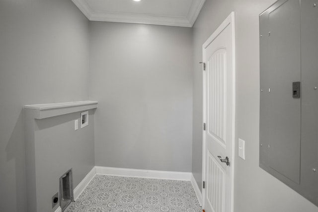 clothes washing area with hookup for a washing machine and crown molding