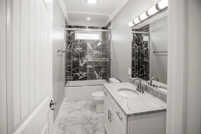 full bathroom with vanity, toilet, crown molding, and enclosed tub / shower combo