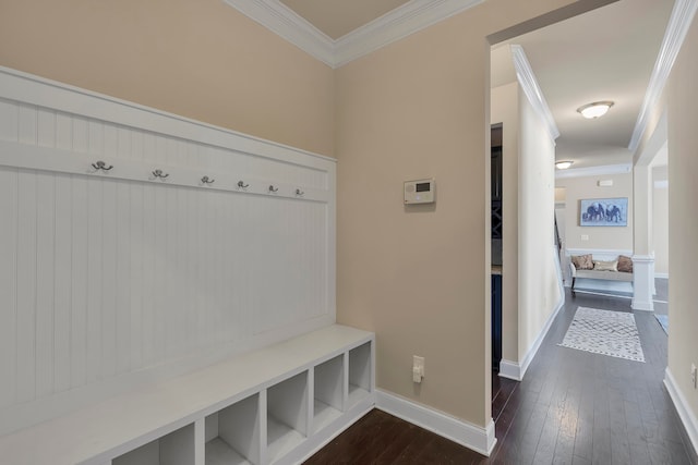 mudroom featuring dark wood-type flooring and ornamental molding