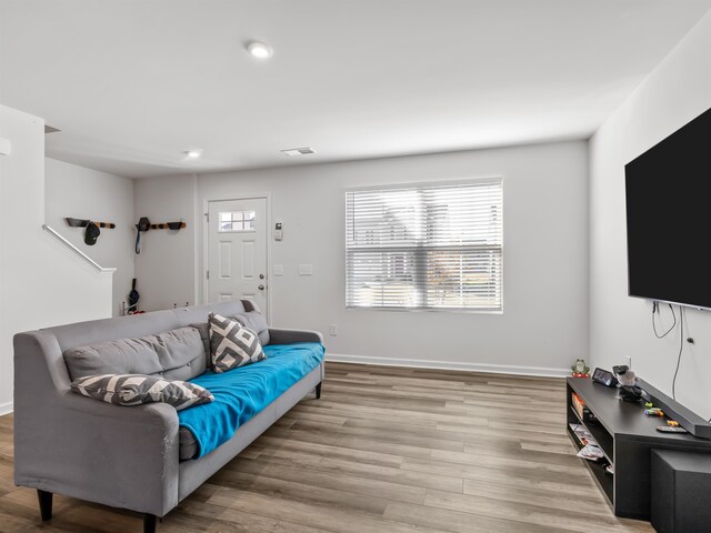 living room with light hardwood / wood-style floors and a healthy amount of sunlight