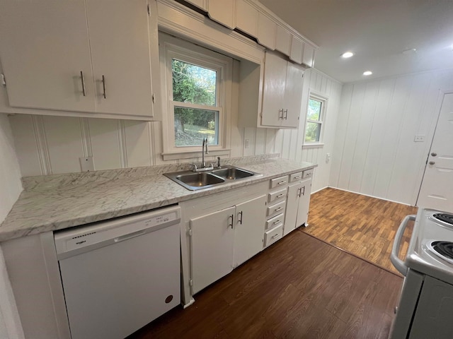 kitchen featuring white appliances, a wealth of natural light, sink, and dark hardwood / wood-style flooring