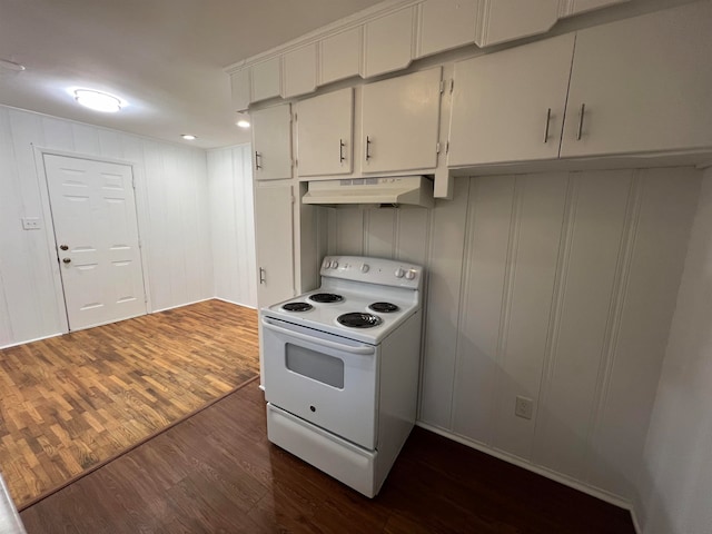 kitchen with white cabinetry, white electric stove, and dark wood-type flooring