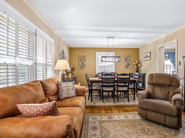 living room featuring crown molding, a healthy amount of sunlight, a notable chandelier, and wood-type flooring