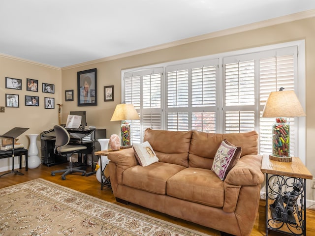 living room featuring hardwood / wood-style floors, crown molding, and a healthy amount of sunlight