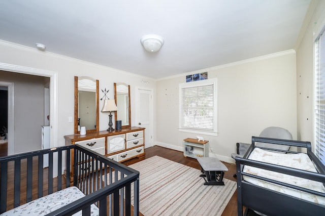 bedroom with dark wood-type flooring and ornamental molding