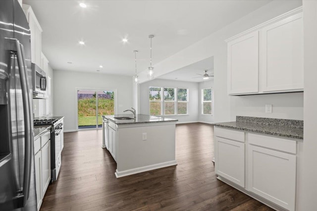 kitchen with dark hardwood / wood-style floors, white cabinetry, and appliances with stainless steel finishes