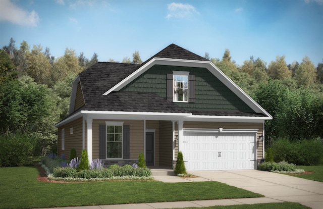 view of front of house with concrete driveway, roof with shingles, a front lawn, and covered porch