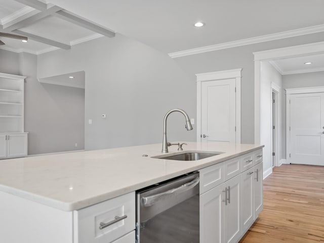 kitchen featuring dishwasher, an island with sink, sink, white cabinets, and light hardwood / wood-style floors