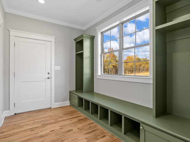 mudroom with light hardwood / wood-style floors and ornamental molding