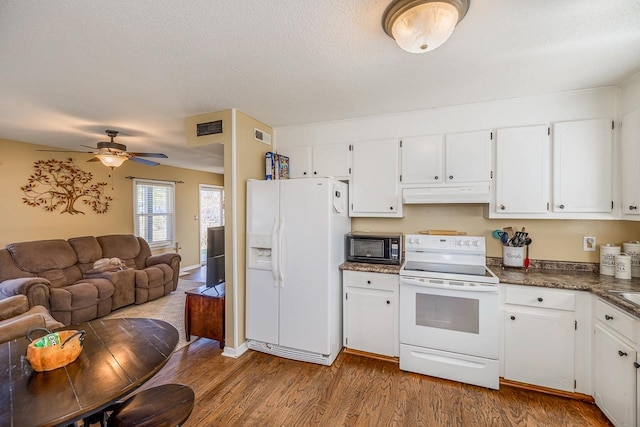 kitchen featuring hardwood / wood-style floors, white cabinetry, white appliances, and ceiling fan