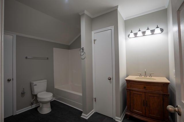 full bathroom featuring vanity, toilet, tile patterned floors, and ornamental molding