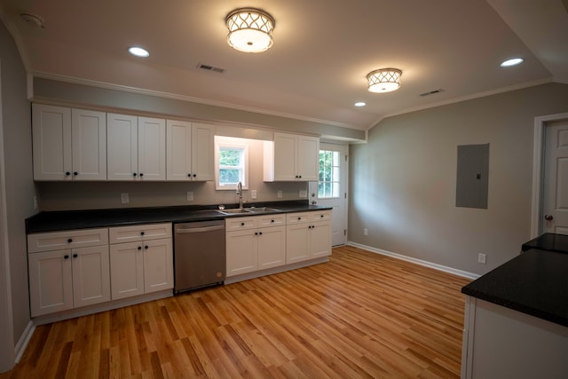 kitchen with white cabinetry, light hardwood / wood-style flooring, electric panel, and stainless steel dishwasher