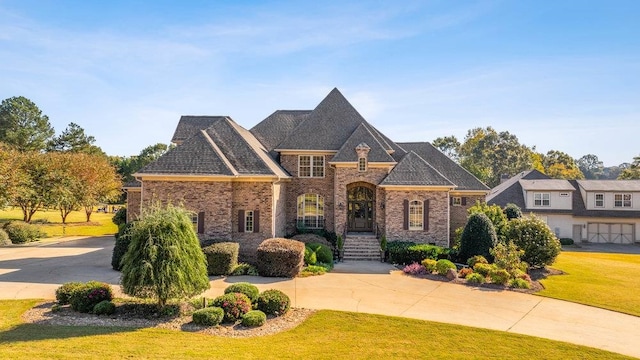 view of front of house with a garage and a front lawn