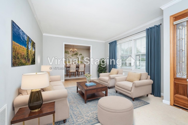 living room with crown molding, carpet floors, and a chandelier