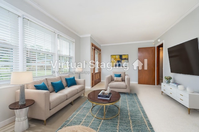 living room featuring a wealth of natural light, ornamental molding, and light colored carpet