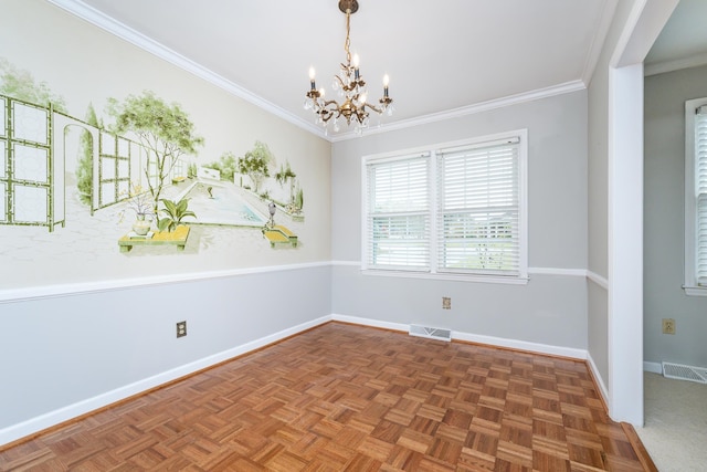 empty room with ornamental molding, a chandelier, and dark parquet flooring