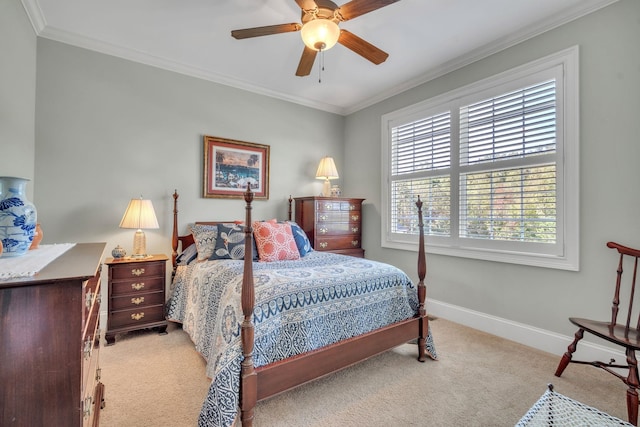 bedroom with ceiling fan, ornamental molding, and light colored carpet