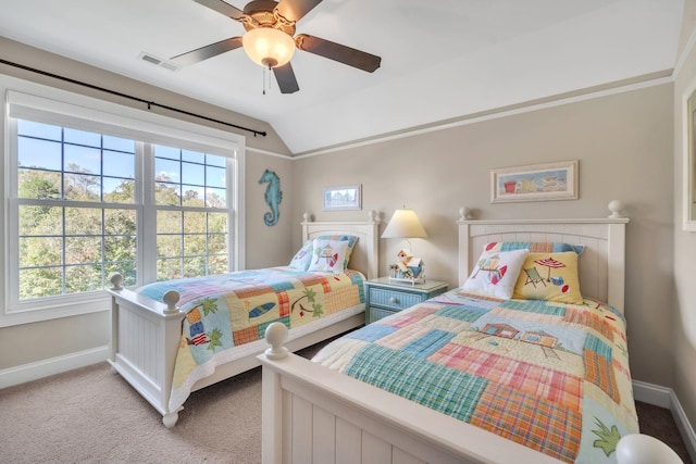 carpeted bedroom featuring vaulted ceiling and ceiling fan